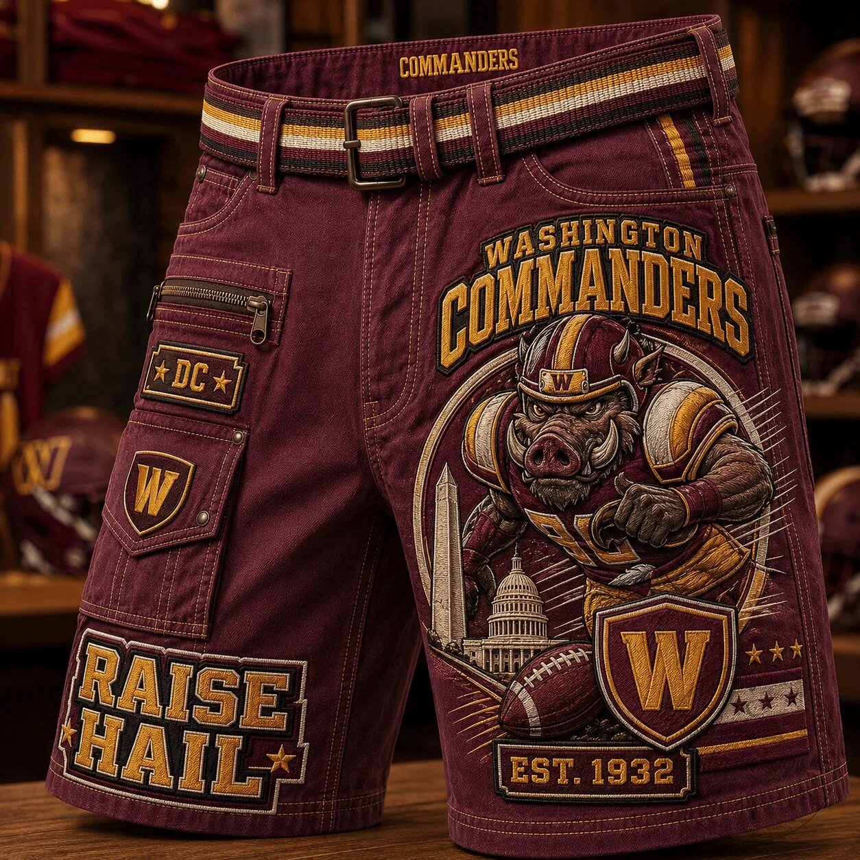 Washington Commanders Football Team Boar Mascot Cargo Shorts