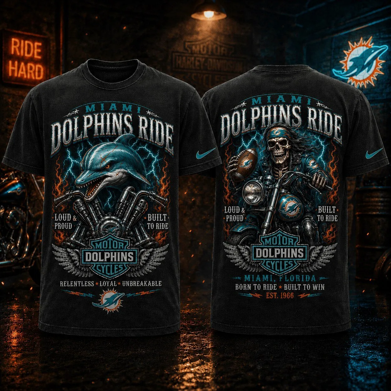 Biker Skull Graphic T-Shirt for Motorcycles - Miami Dolphins Ride Hard Design