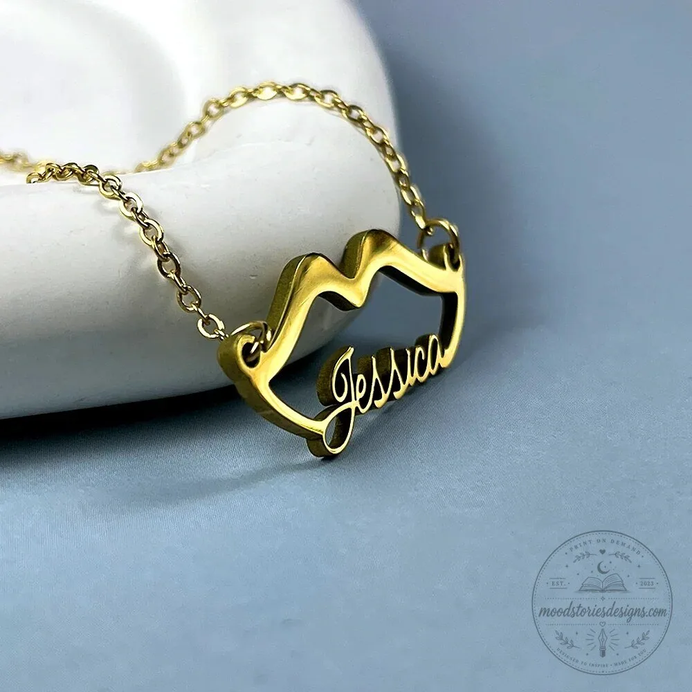 Personalized Gold Lips Name Necklace, Custom Kiss Charm Pendant Jewelry 2 Personalized Gold Lips Name Necklace, Custom Kiss Charm Pendant Jewelry