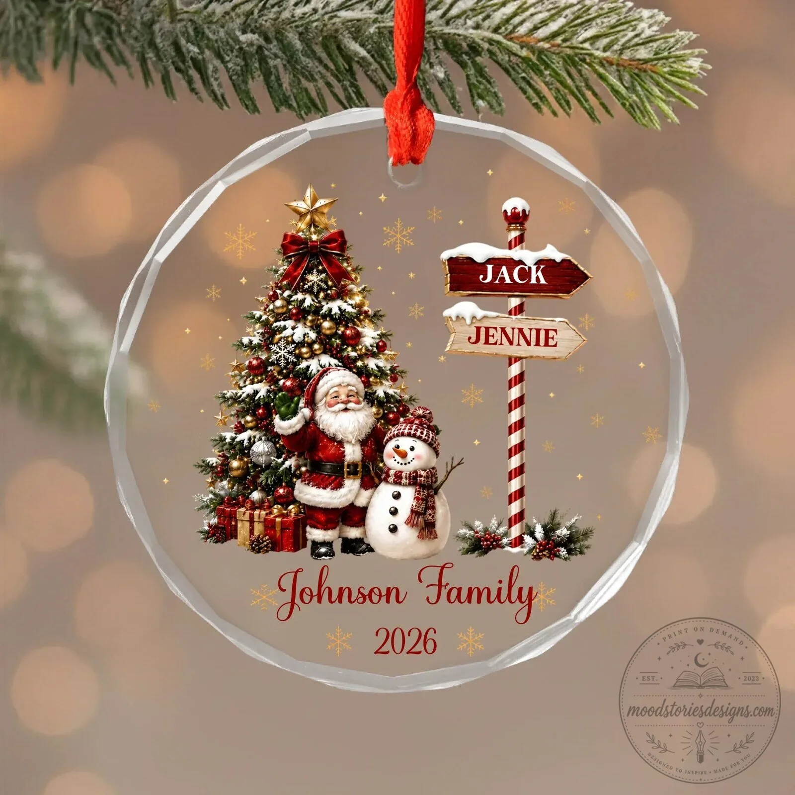 Personalized Family Christmas Tree and Santa Claus Glass Ornament