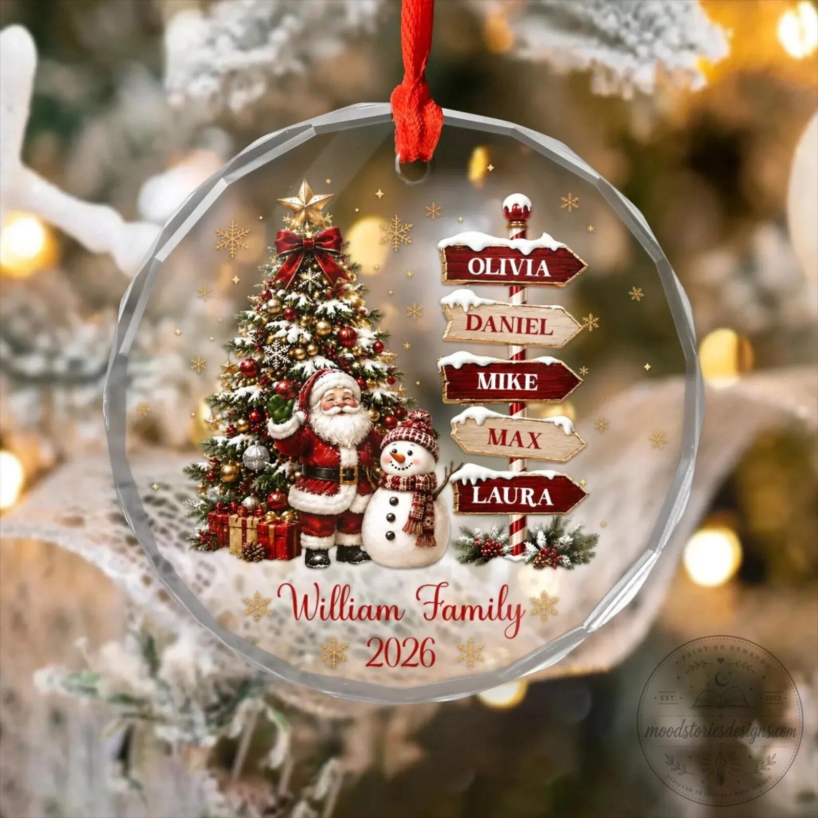 Personalized Family Christmas Tree and Santa Claus Glass Ornament 12 Personalized Family Christmas Tree and Santa Claus Glass Ornament