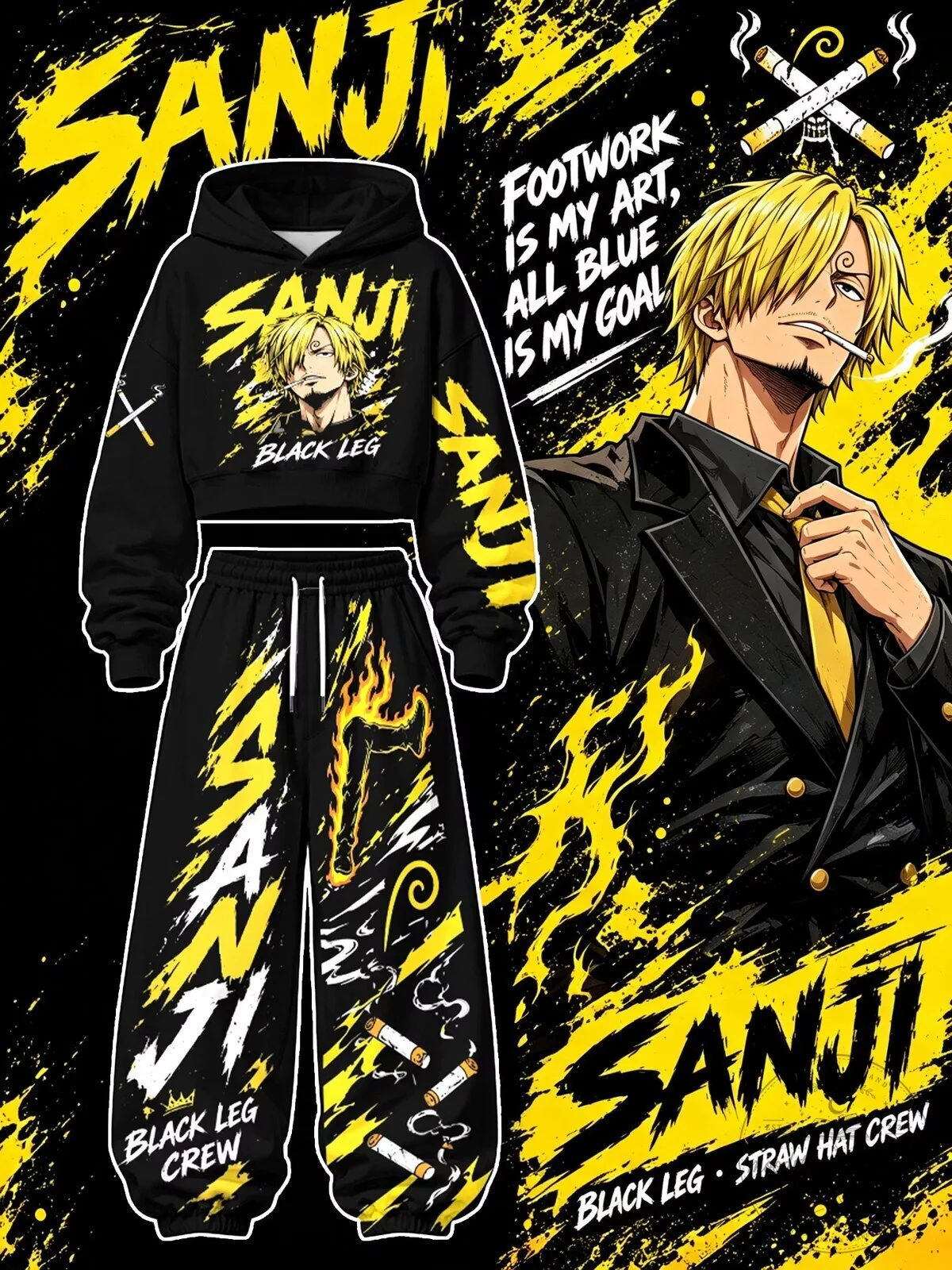 One Piece Sanji Black Leg Crew Anime Character Hoodie and Pants Set