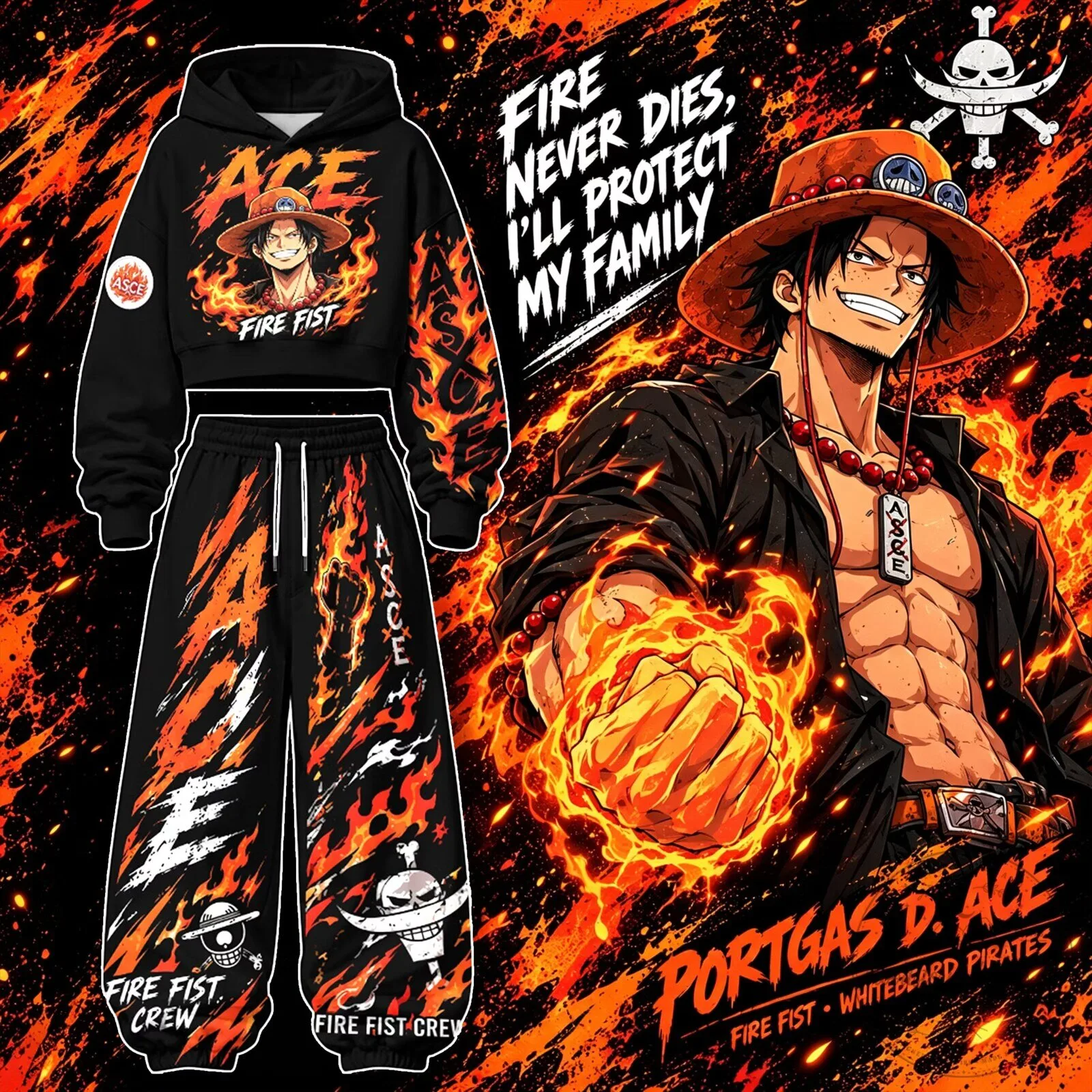 Portgas D. Ace Fire Fist One Piece Anime Cropped Hoodie and Sweatpants Set