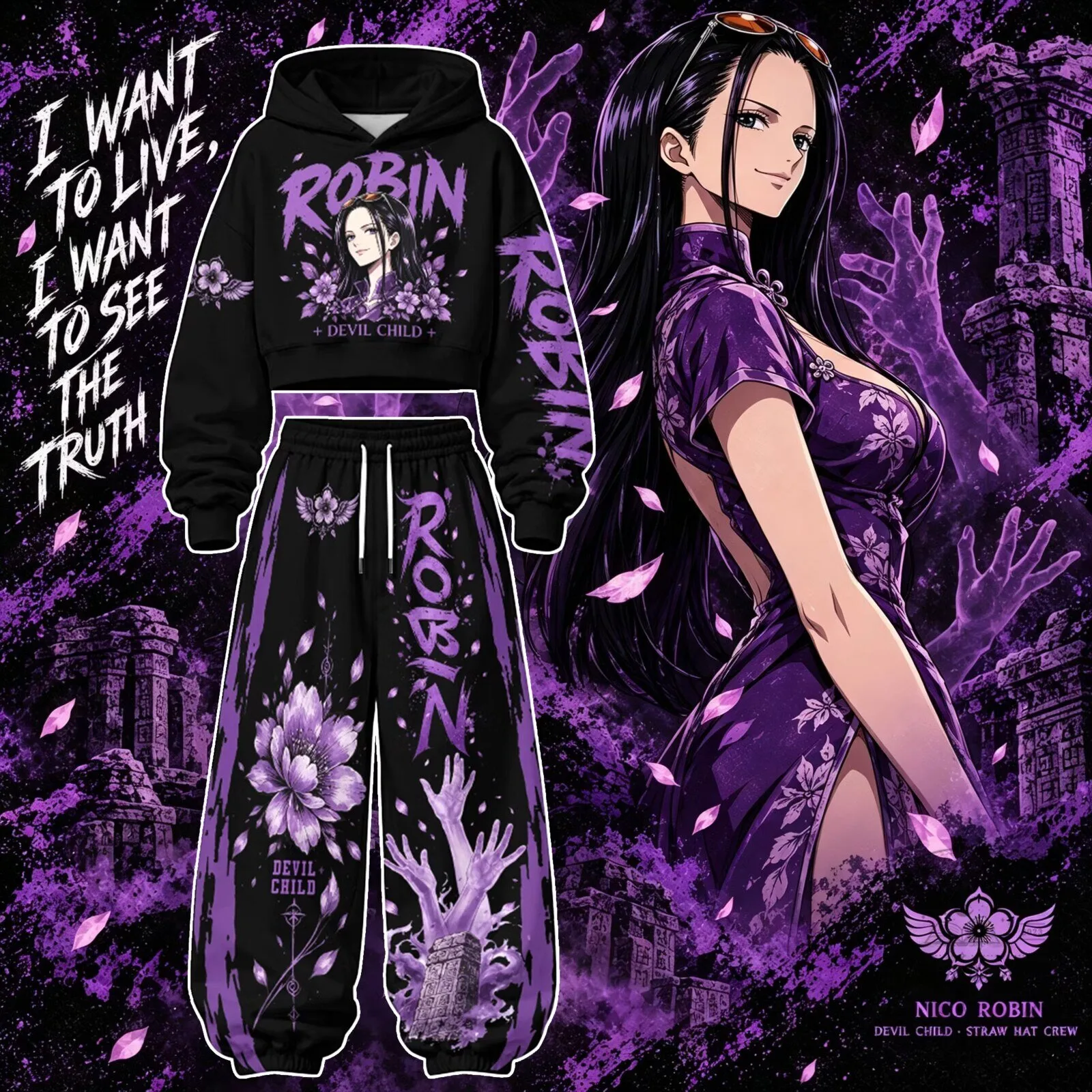One Piece Nico Robin Devil Child Cropped Hoodie and Jogger Pants Set