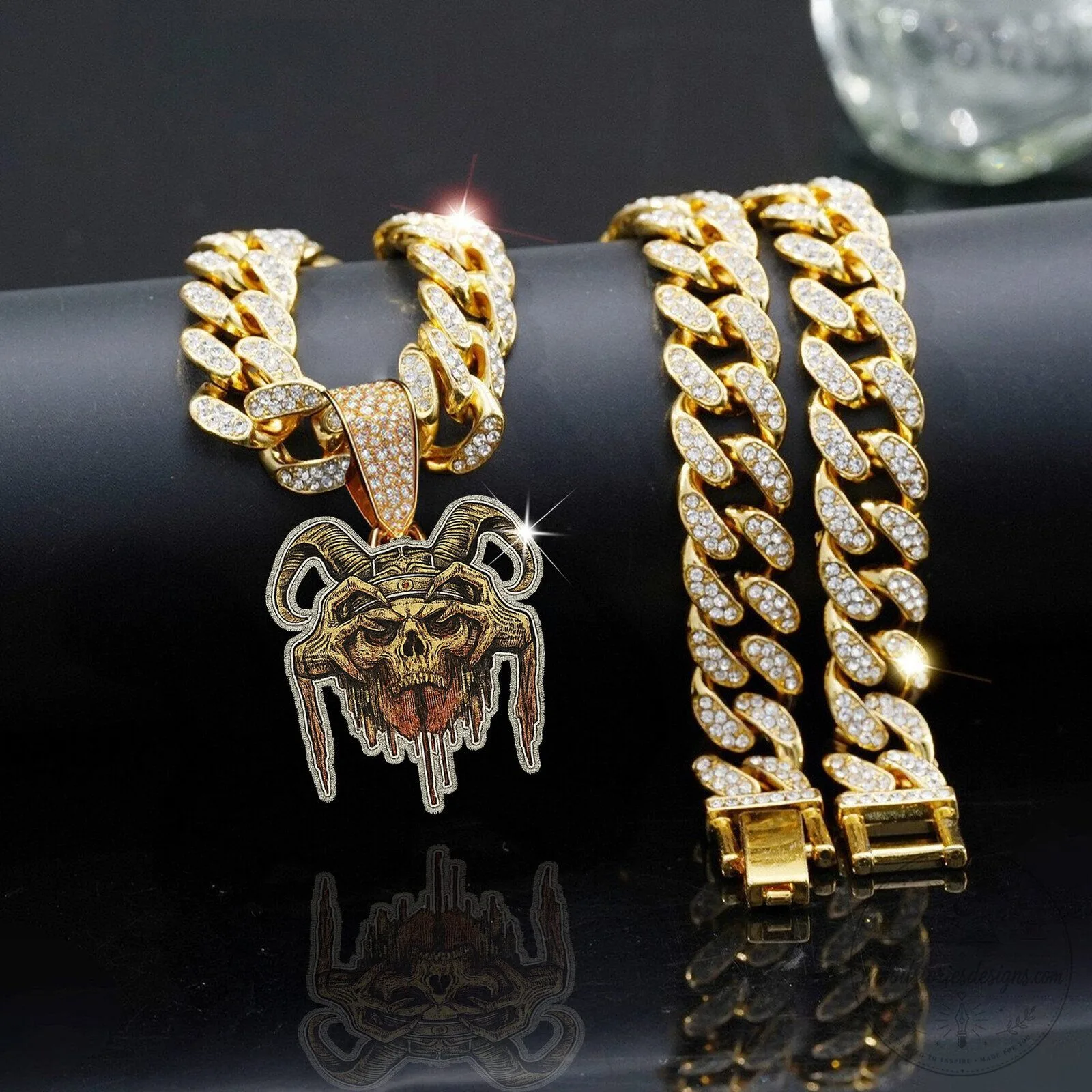 Volbeat Bling Gold Tone Skull Pendant Necklace with Iced Out Cuban Chain