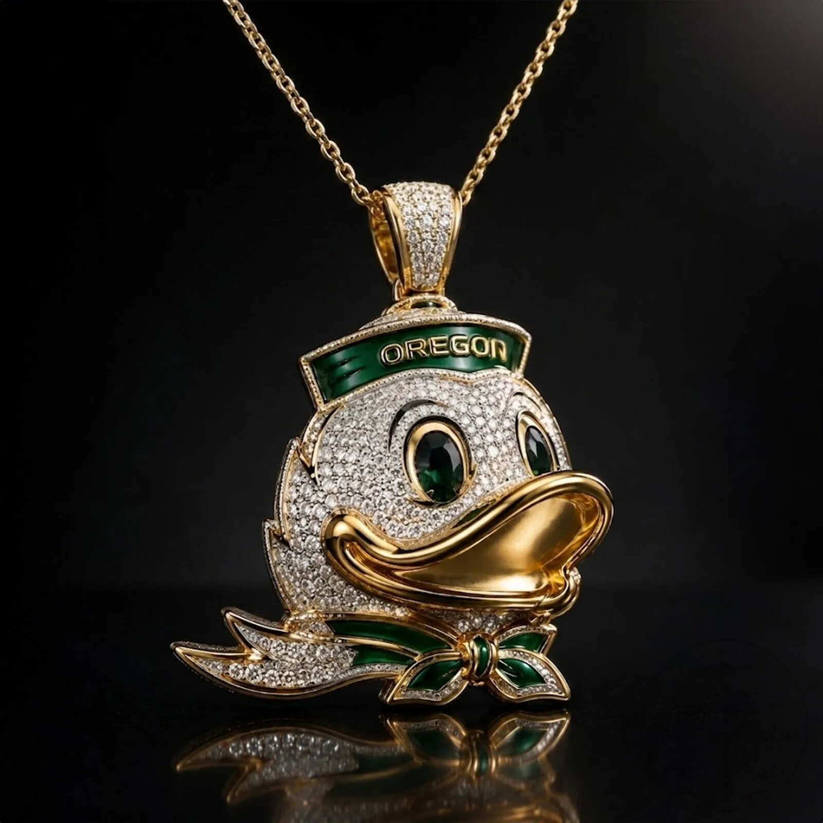 Oregon Ducks Mascot Diamond Pendant Necklace Gold Chain