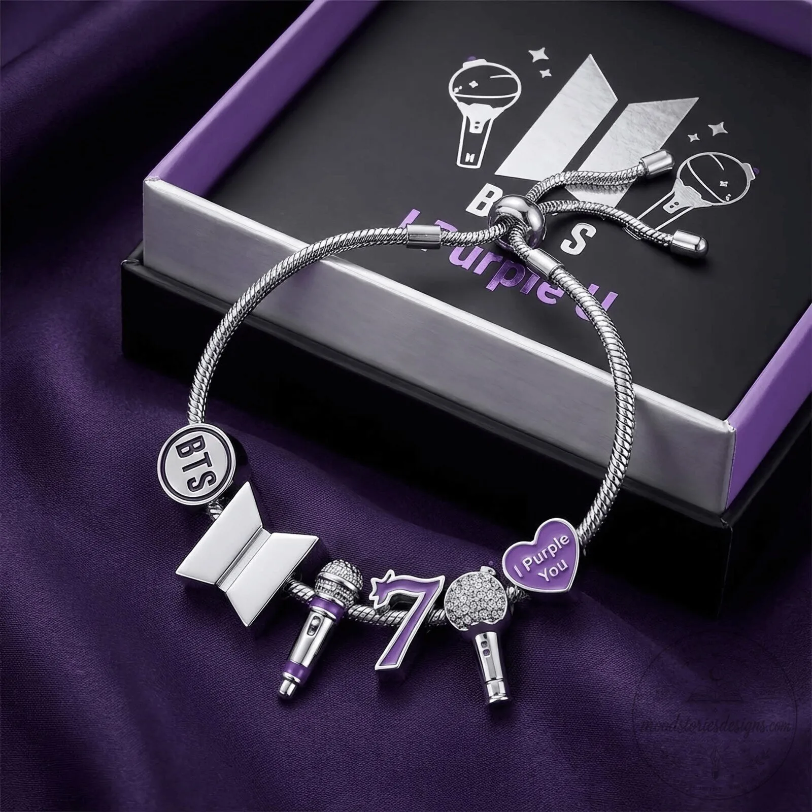 BTS K-Pop Music Band Adjustable Charm Bracelet with Purple Heart