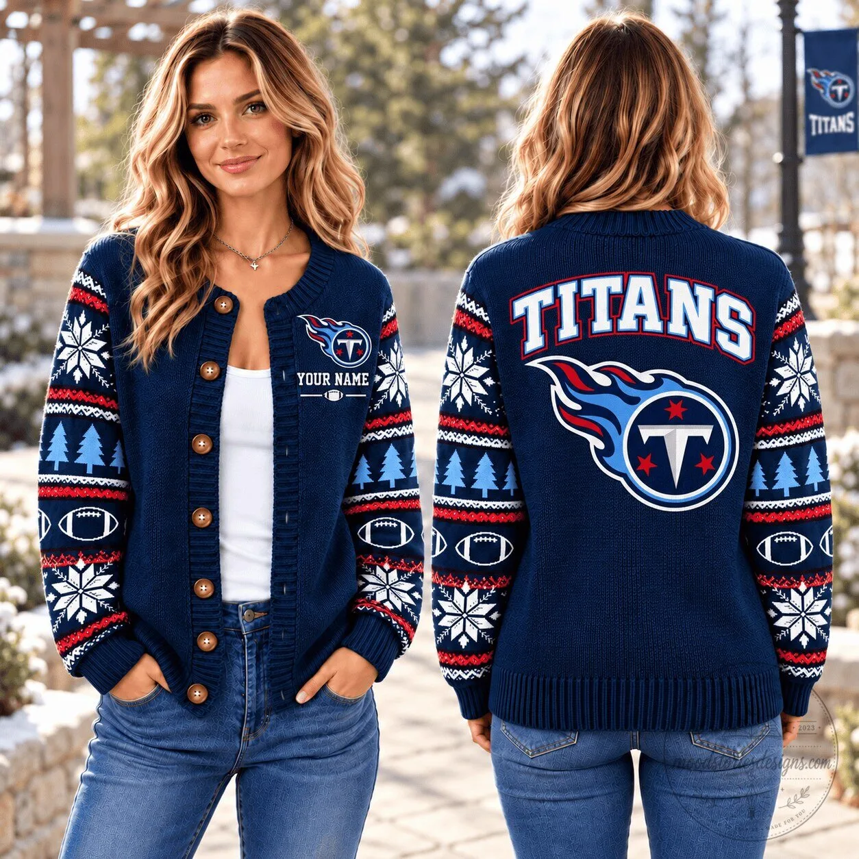 Tennessee Titans NFL Team Christmas Snowflake Pattern Cardigan Sweater