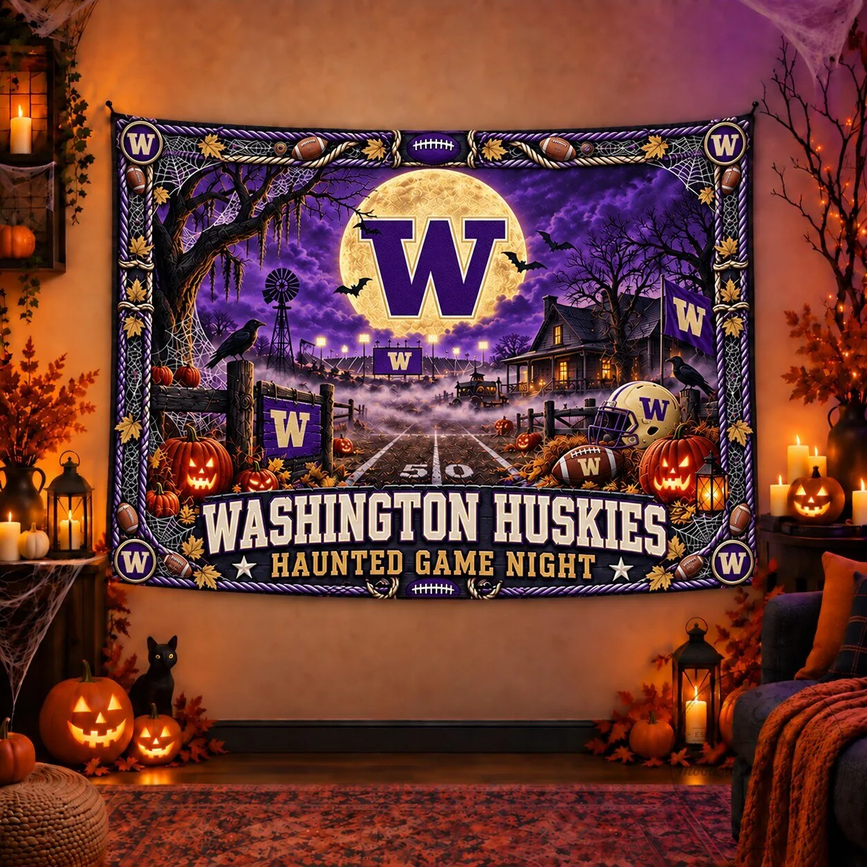 Washington Huskies Halloween Haunted Game Night Wall Tapestry