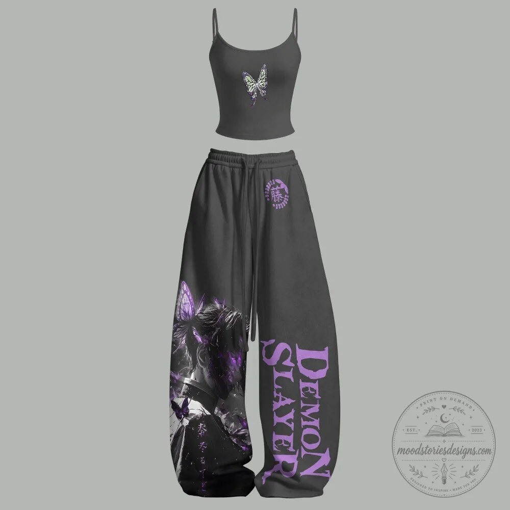 Demon Slayer Shinobu Kocho Butterfly Graphic Print Cami Top and Wide Leg Pants Set