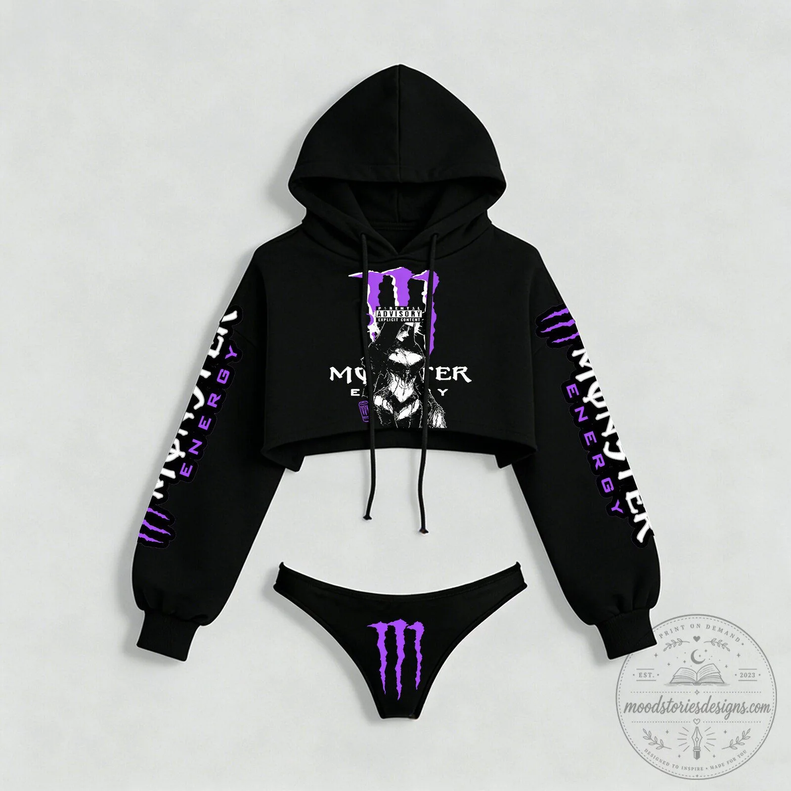 Monster Energy Drink Logo Women's Black Cropped Hoodie and Thong Set