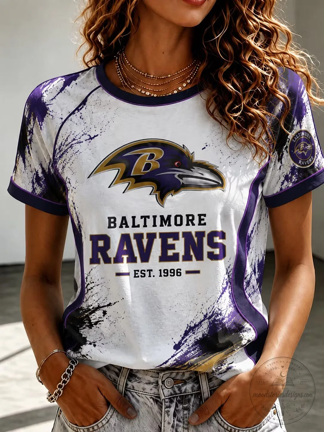 Baltimore Ravens NFL Football Team Logo White and Purple Splatter T-Shirt