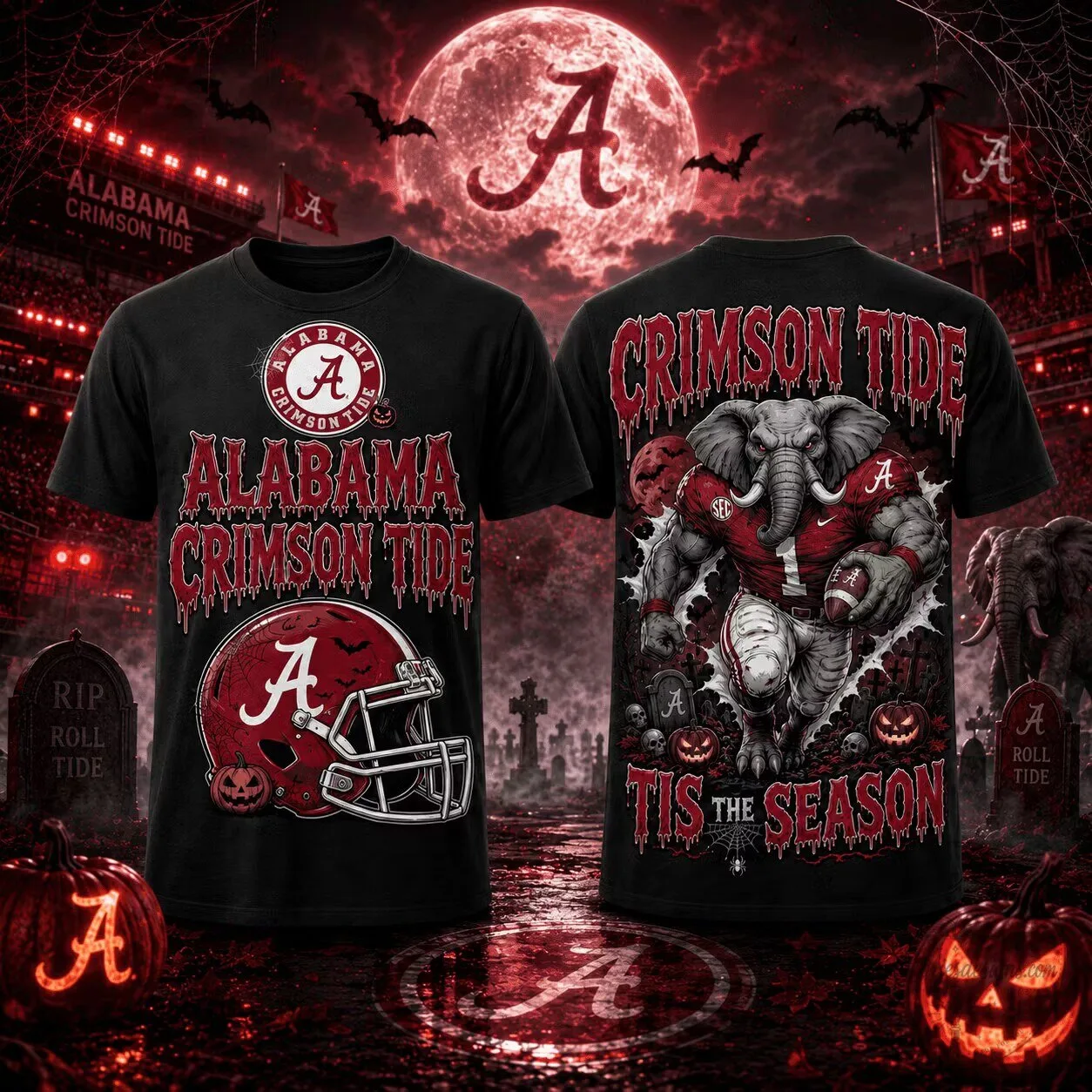 Alabama Crimson Tide Halloween Football Season Black T-Shirt