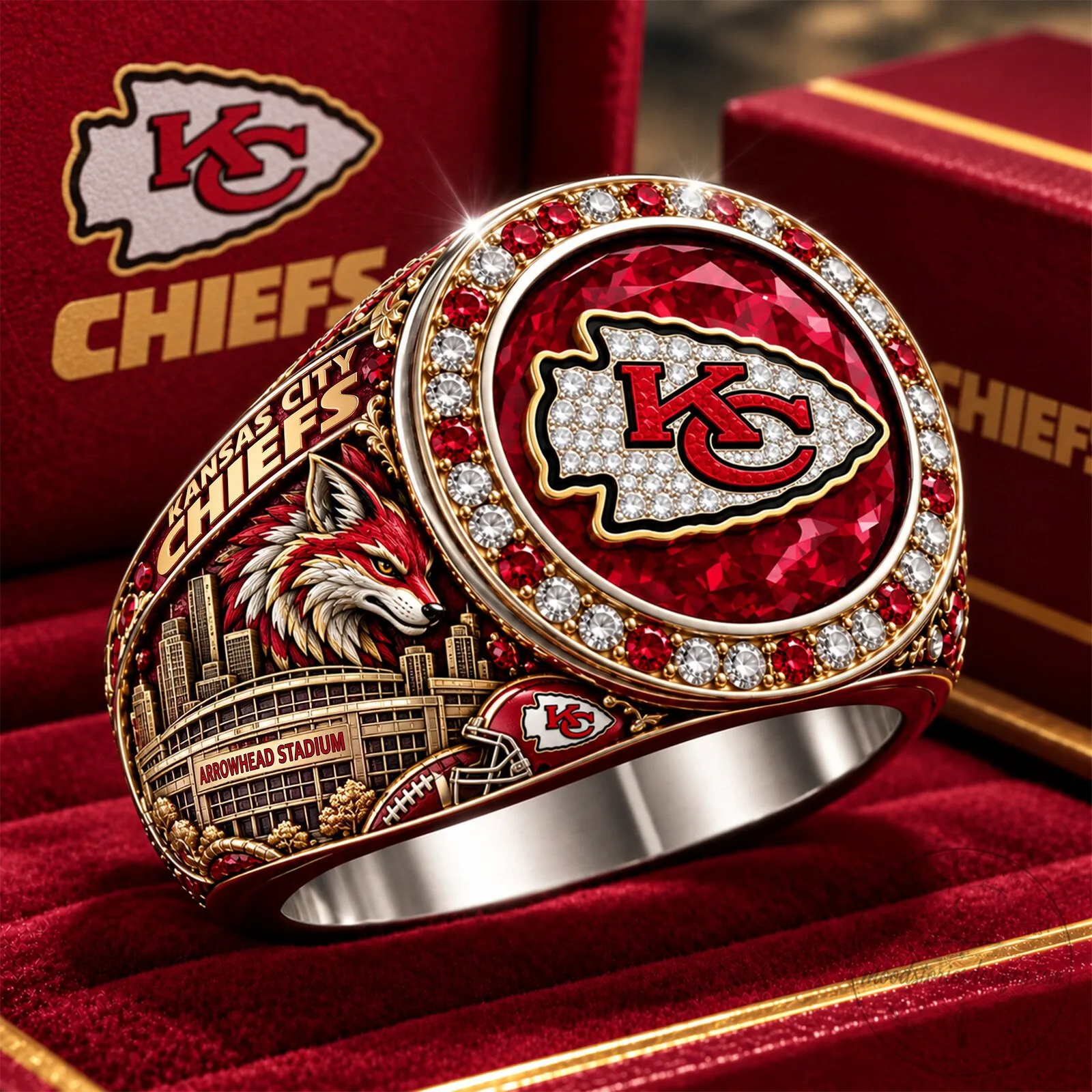Kansas City Chiefs Super Bowl Championship Ring with Arrowhead Stadium Design