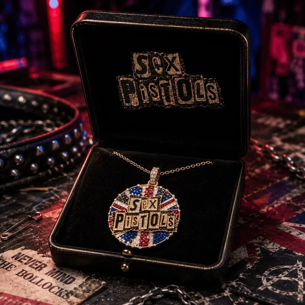 Sex Pistols God Save The Queen Union Jack Gold Pendant Necklace