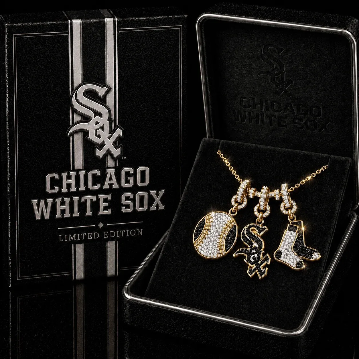 Chicago White Sox Baseball Diamond Pendant Necklace with Gold Chain
