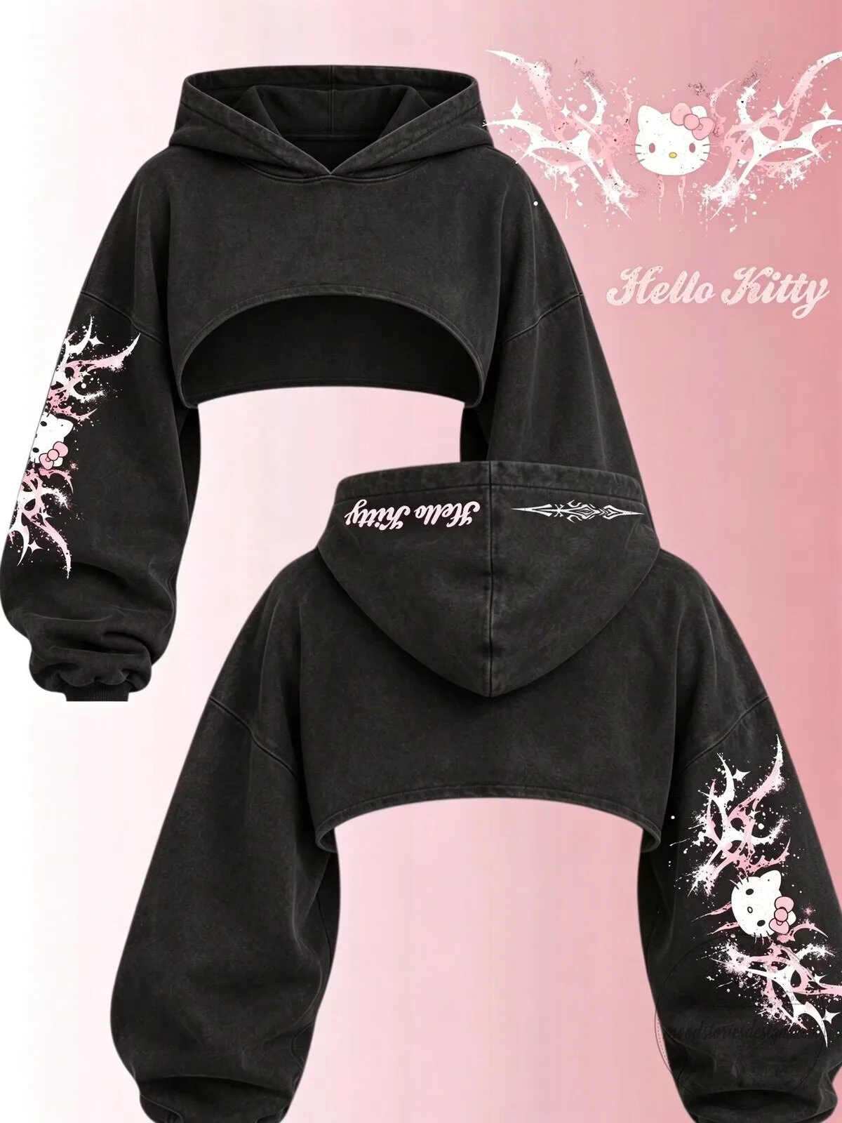 Hello Kitty Cropped Hoodie for Women with Distressed Black Fabric