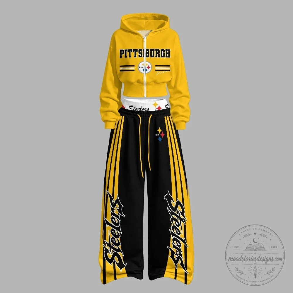 Pittsburgh Steelers Women's Cropped Hoodie and Wide Leg Pants Tracksuit Set