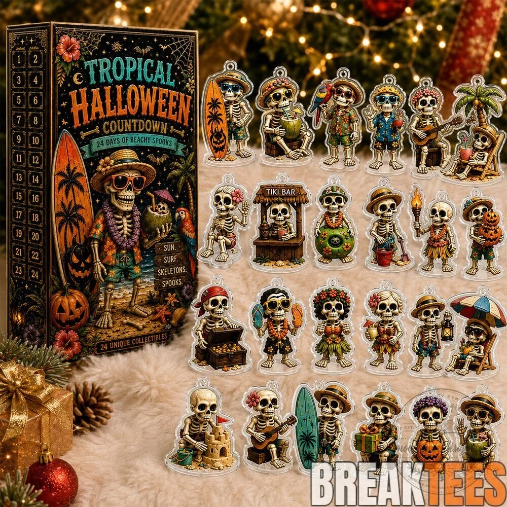 Tropical Halloween Countdown Calendar with 24 Beachy Skeleton Figurines