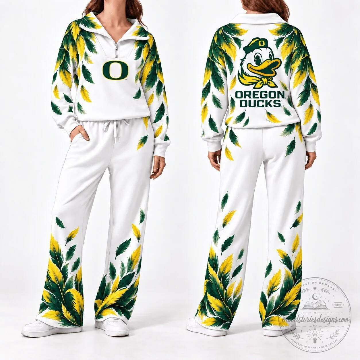 Oregon Ducks Feather Pattern White Quarter Zip Lounge Set
