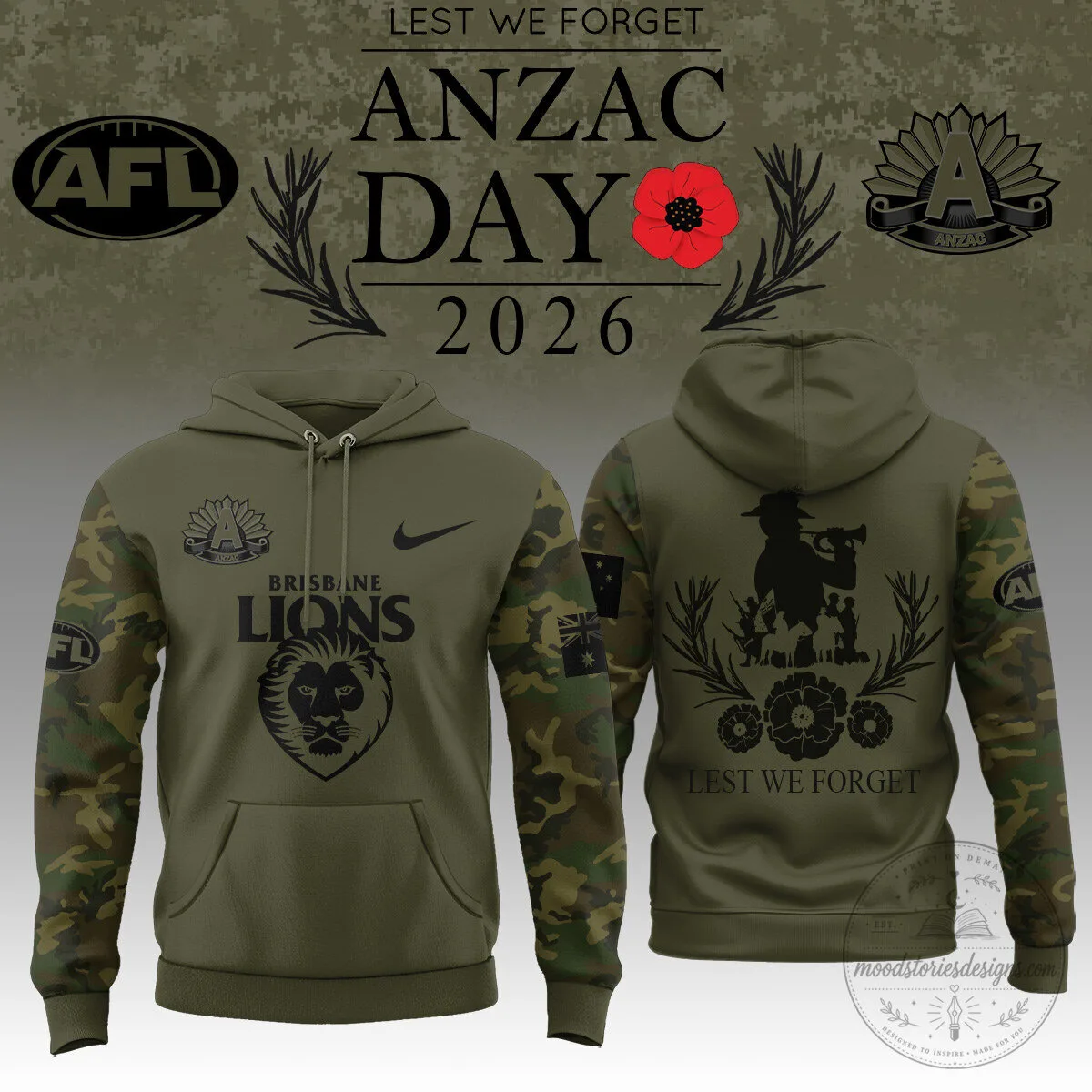 Brisbane Lions Australian Rules Football League Anzac Day 2026 Lest We Forget Hoodie