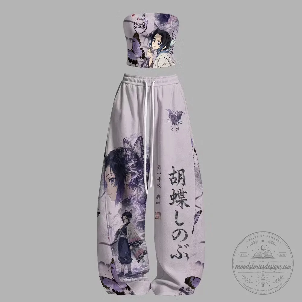Demon Slayer Shinobu Kocho Butterfly Pattern Strapless Top and Pants Set