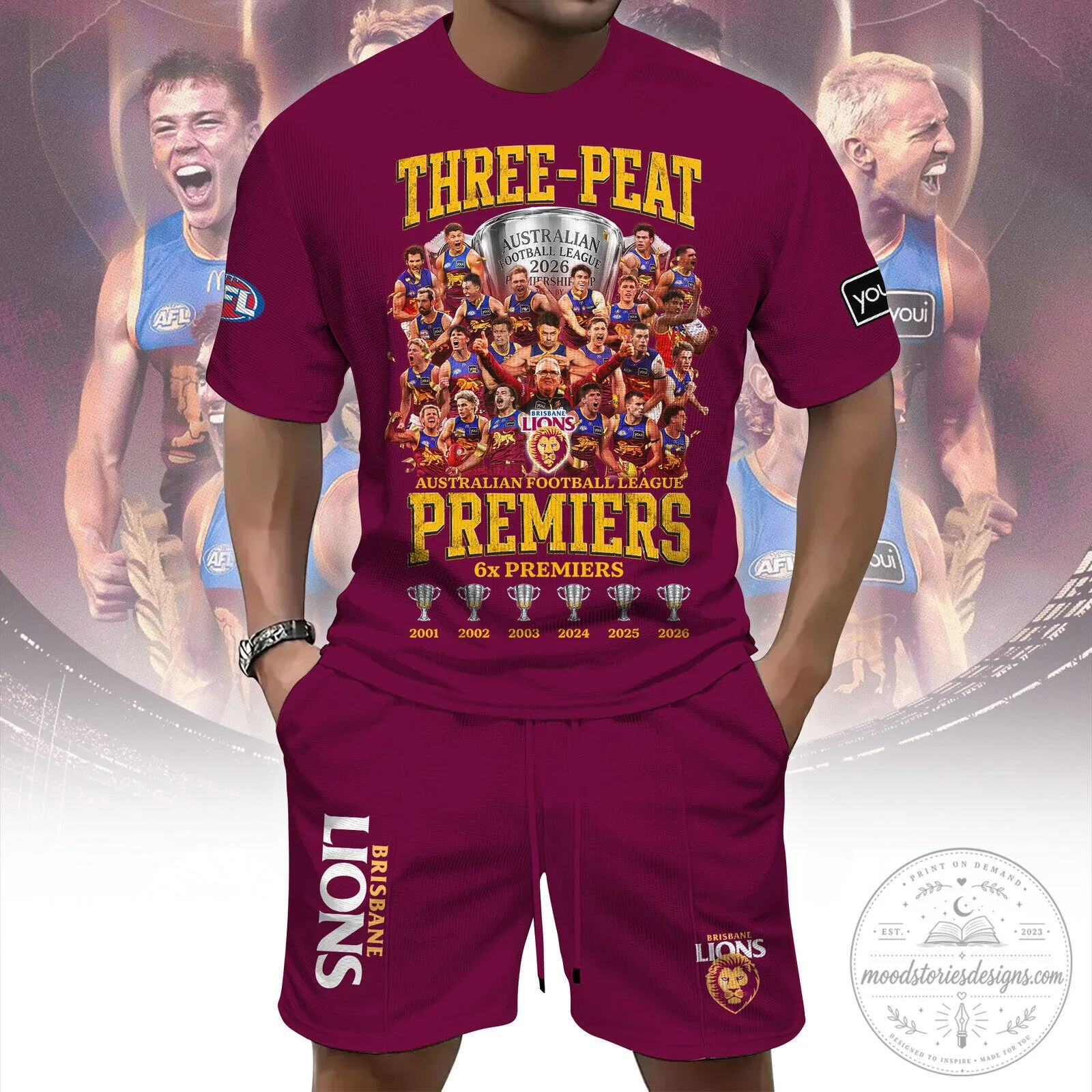 Brisbane Lions Australian Football League Premiers Three-Peat Fan T-Shirt and Shorts Set 3 Brisbane Lions Australian Football League Premiers Three-Peat Fan T-Shirt and Shorts Set