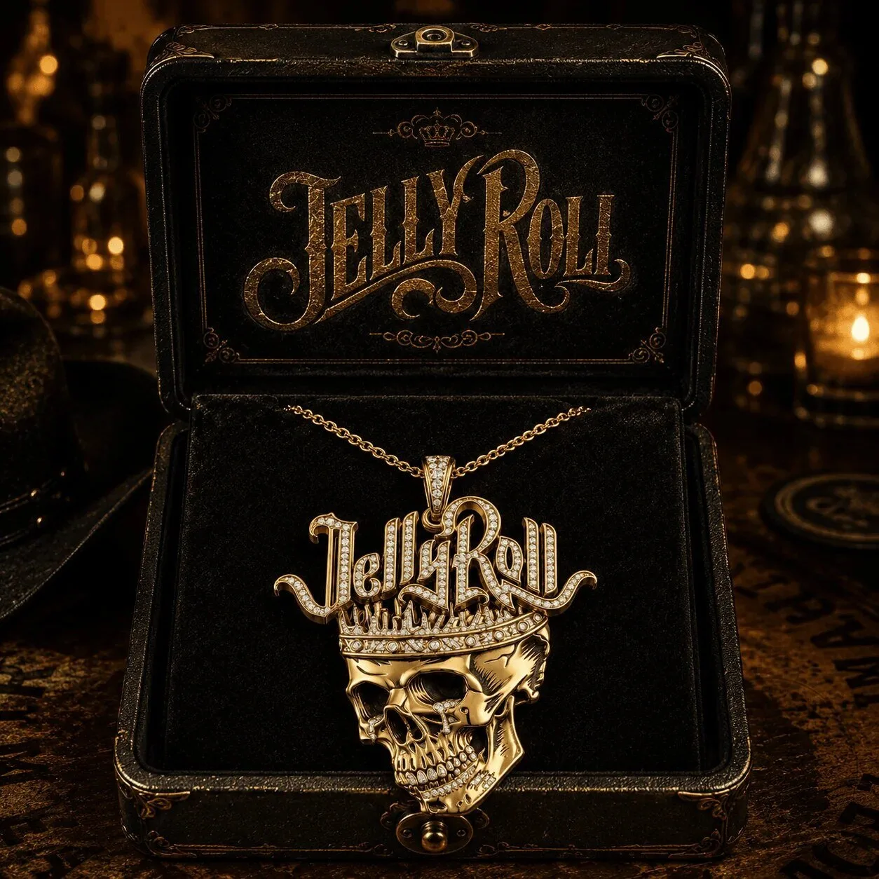 Jelly Roll Skull Crown Gold Diamond Pendant Necklace with Chain