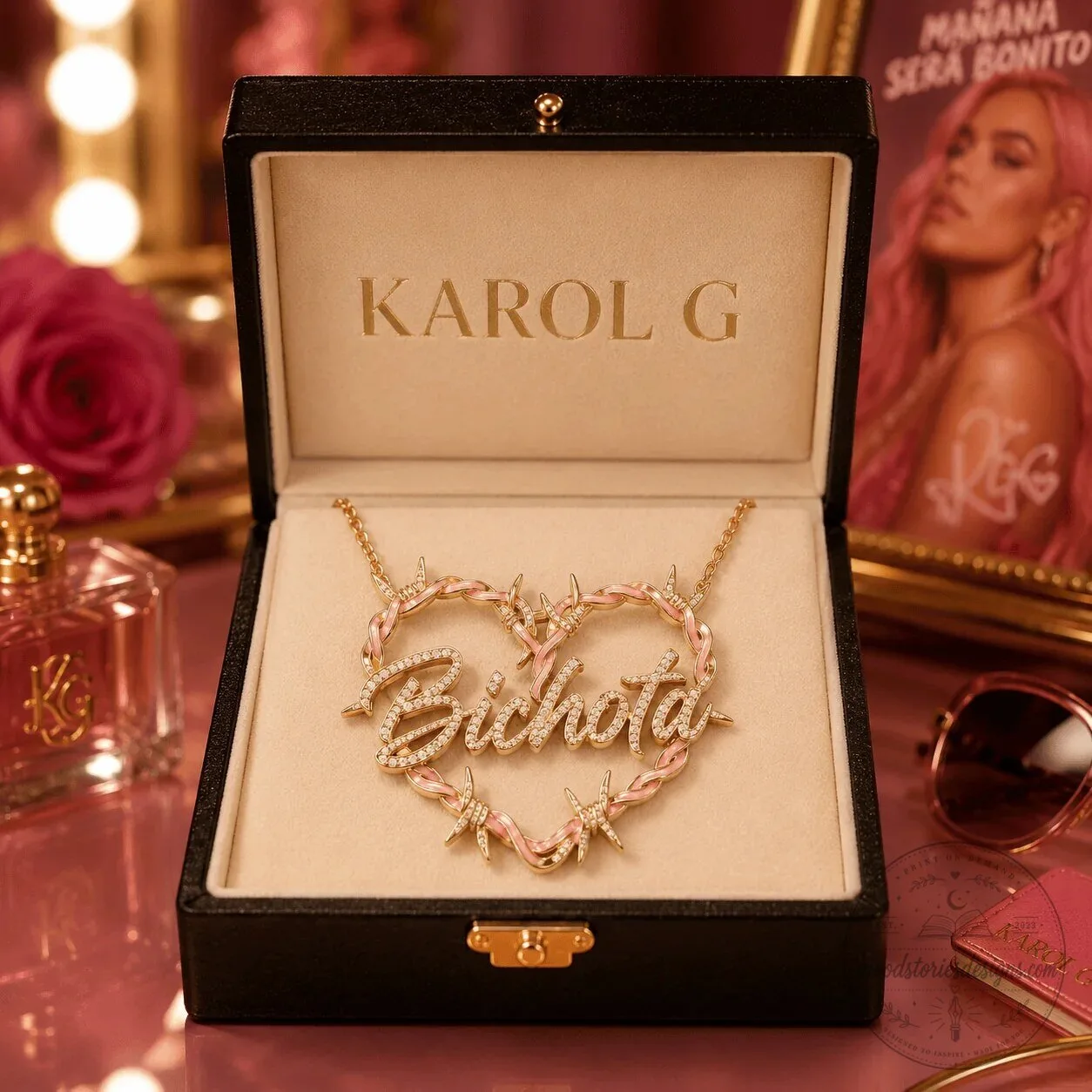Karol G Bichota Diamond Heart Barbed Wire Pendant Necklace 1 Karol G Bichota Diamond Heart Barbed Wire Pendant Necklace