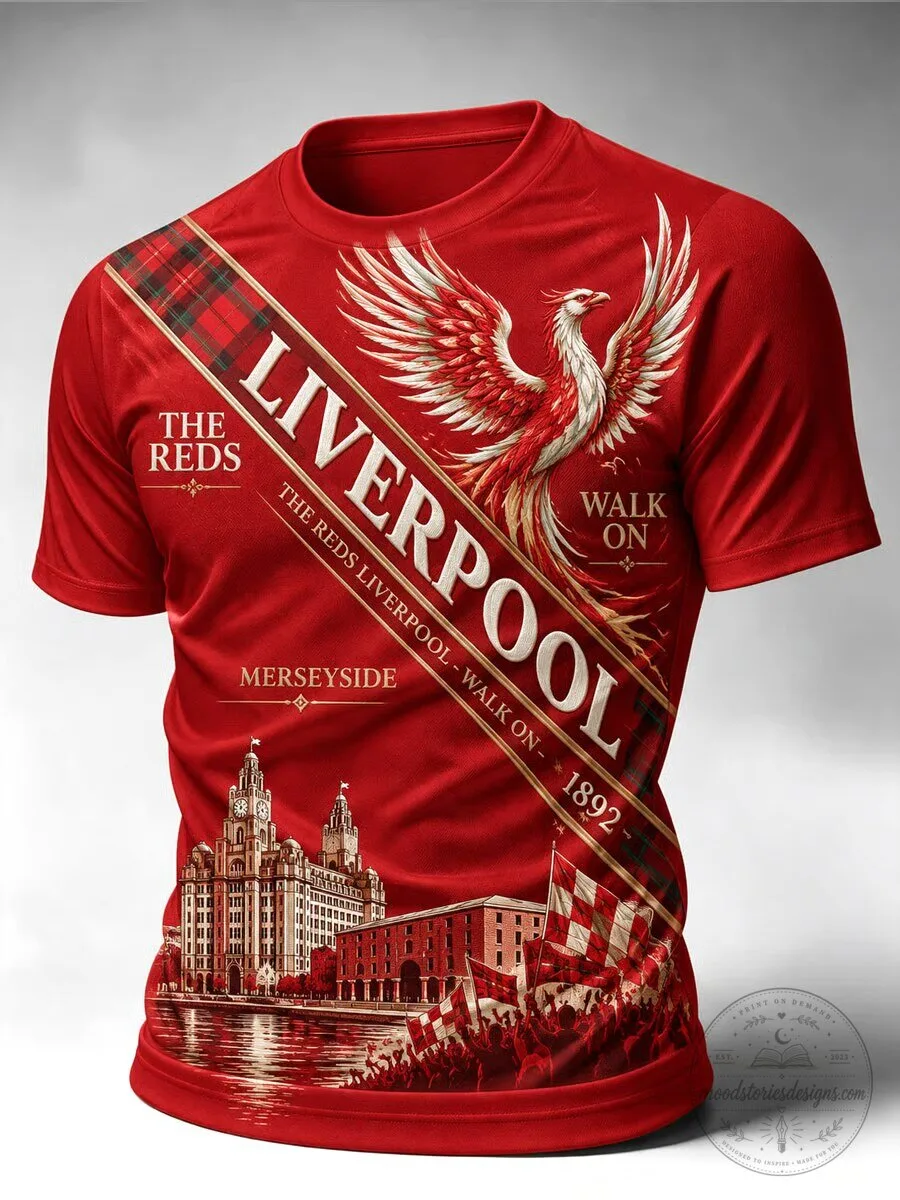 Liverpool England Soccer Team Phoenix and Cityscape Red T-Shirt