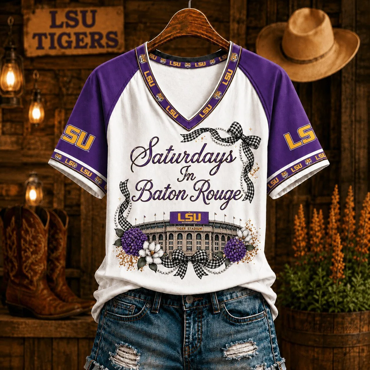 LSU Tigers Saturdays In Baton Rouge Tiger Stadium V-Neck T-Shirt
