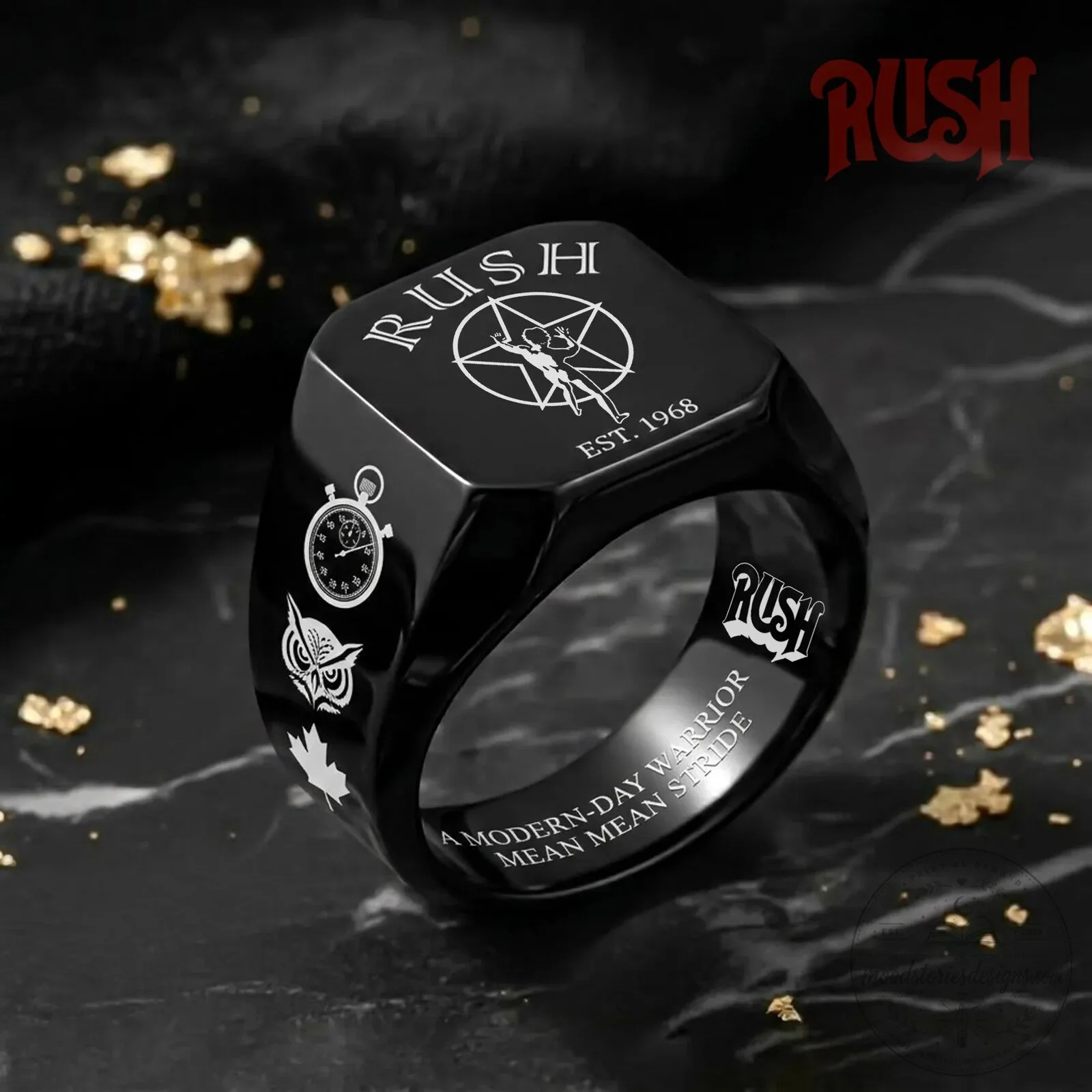 Rush Band Starman Logo Black Square Signet Ring