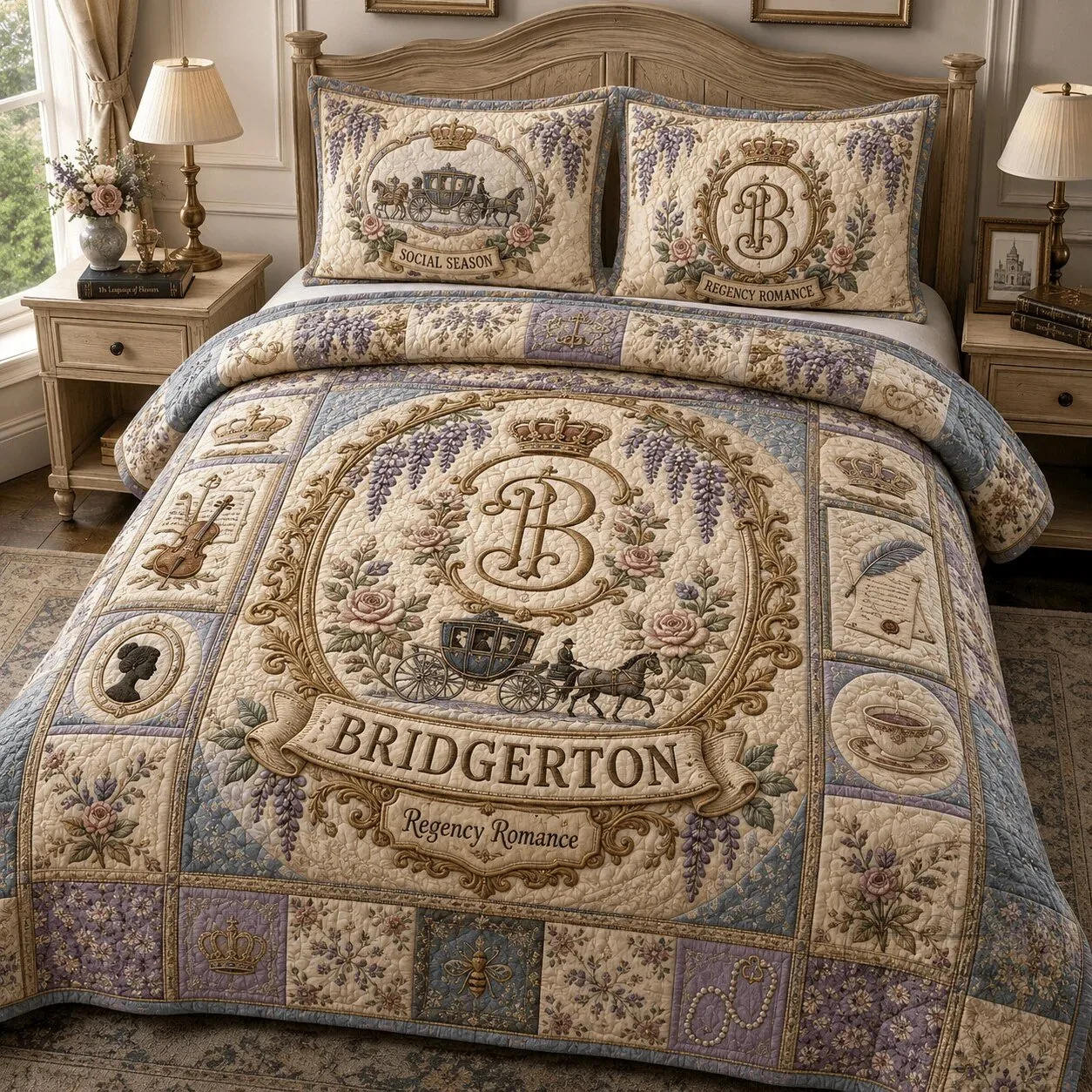 Quilted Bedding Set with Pillow Shams in Bridgerton Regency Romance Style