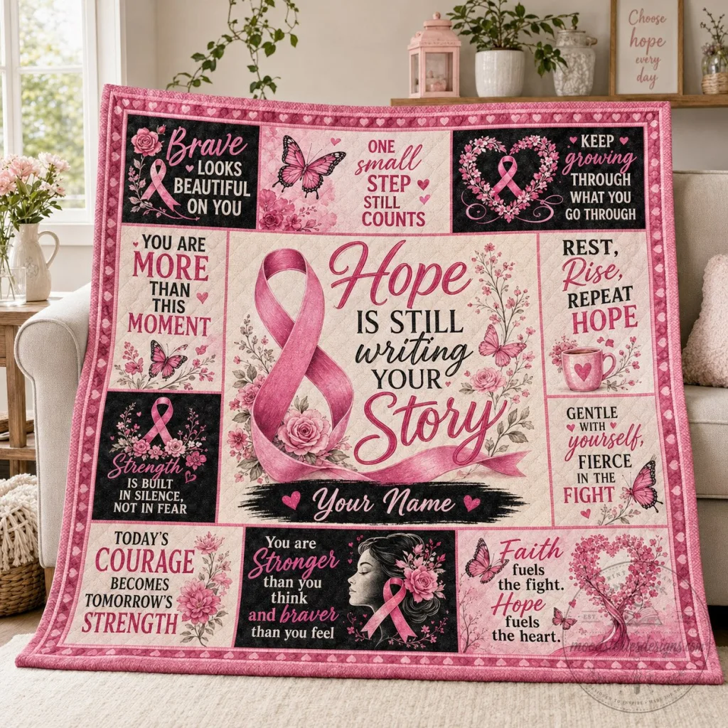 Hope Is Still Writing Your Story Breast Cancer Awareness Quilted Blanket Hope Is Still Writing Your Story Breast Cancer Awareness Quilted Blanket