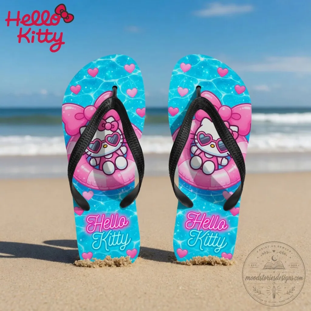 Hello Kitty Pink Bow Heart Pool Print Flip Flops for Beach Days Hello Kitty Pink Bow Heart Pool Print Flip Flops for Beach Days