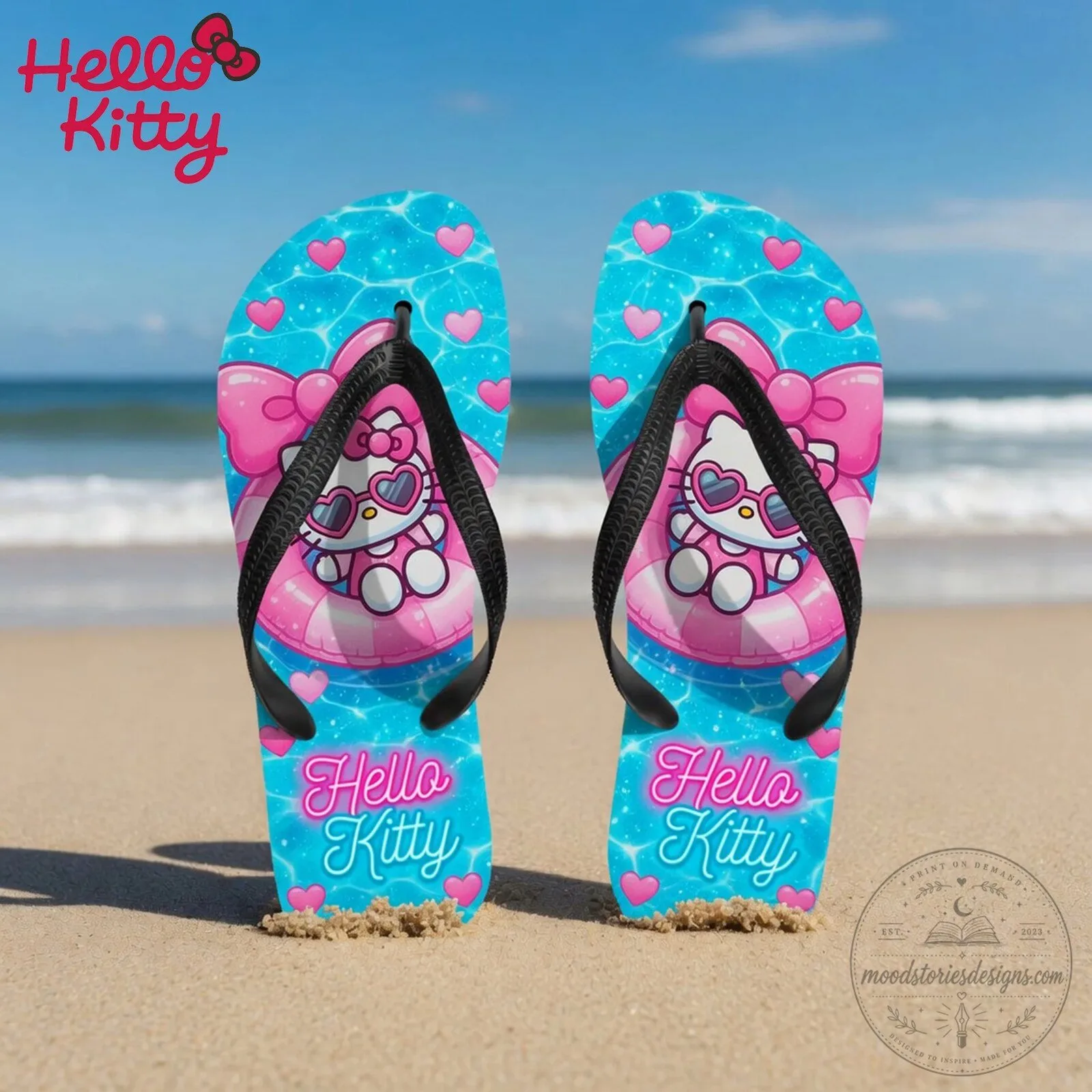 Hello Kitty Pink Bow Heart Pool Print Flip Flops for Beach Days 5 Hello Kitty Pink Bow Heart Pool Print Flip Flops for Beach Days