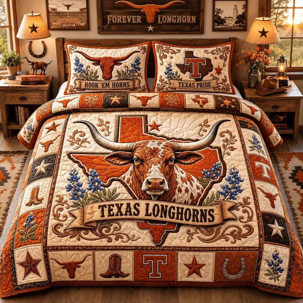 Quilt Bedding Set featuring Texas Longhorns Hook 'Em Horns Design Quilt Bedding Set featuring Texas Longhorns Hook 'Em Horns Design