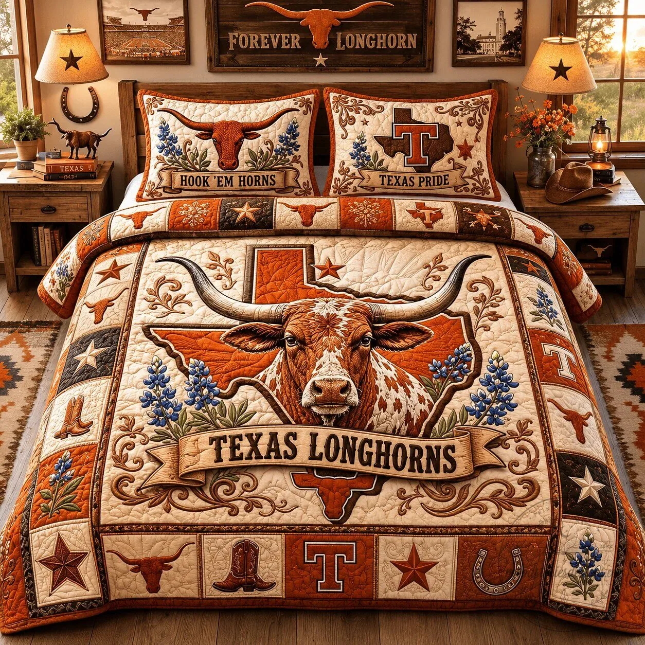 Quilt Bedding Set featuring Texas Longhorns Hook 'Em Horns Design