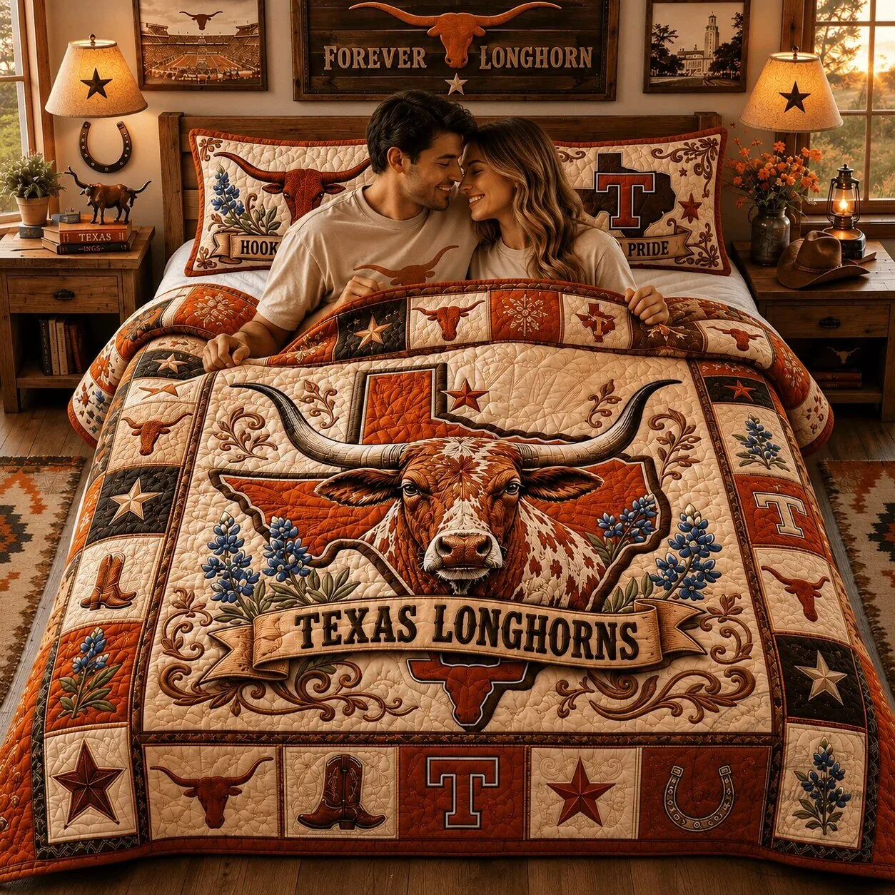 Quilt Bedding Set featuring Texas Longhorns Hook 'Em Horns Design 7 Quilt Bedding Set featuring Texas Longhorns Hook
