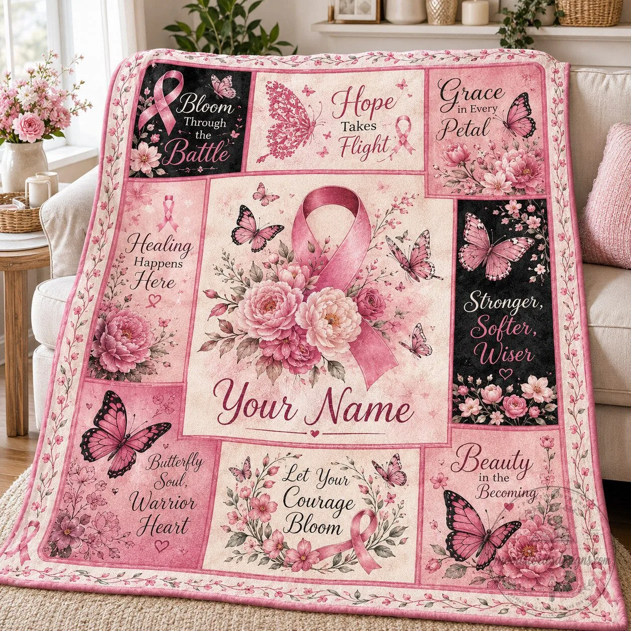Breast Cancer Awareness Pink Ribbon Floral Butterflies Personalized Blanket