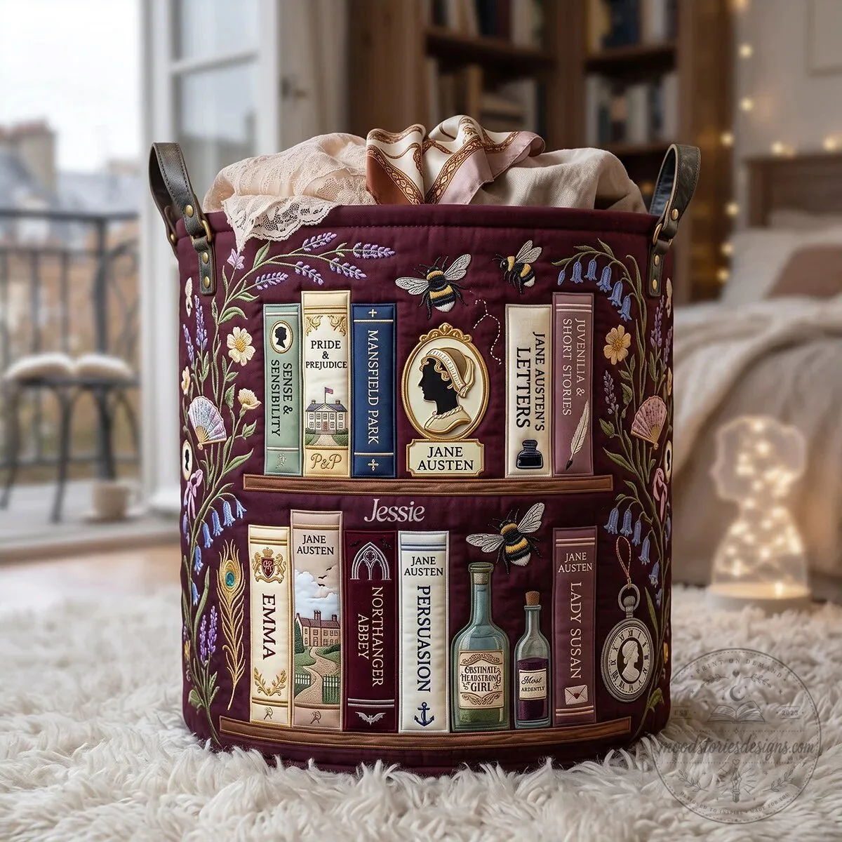 Jane Austen Bookshelf Design Laundry Basket for Book Lovers