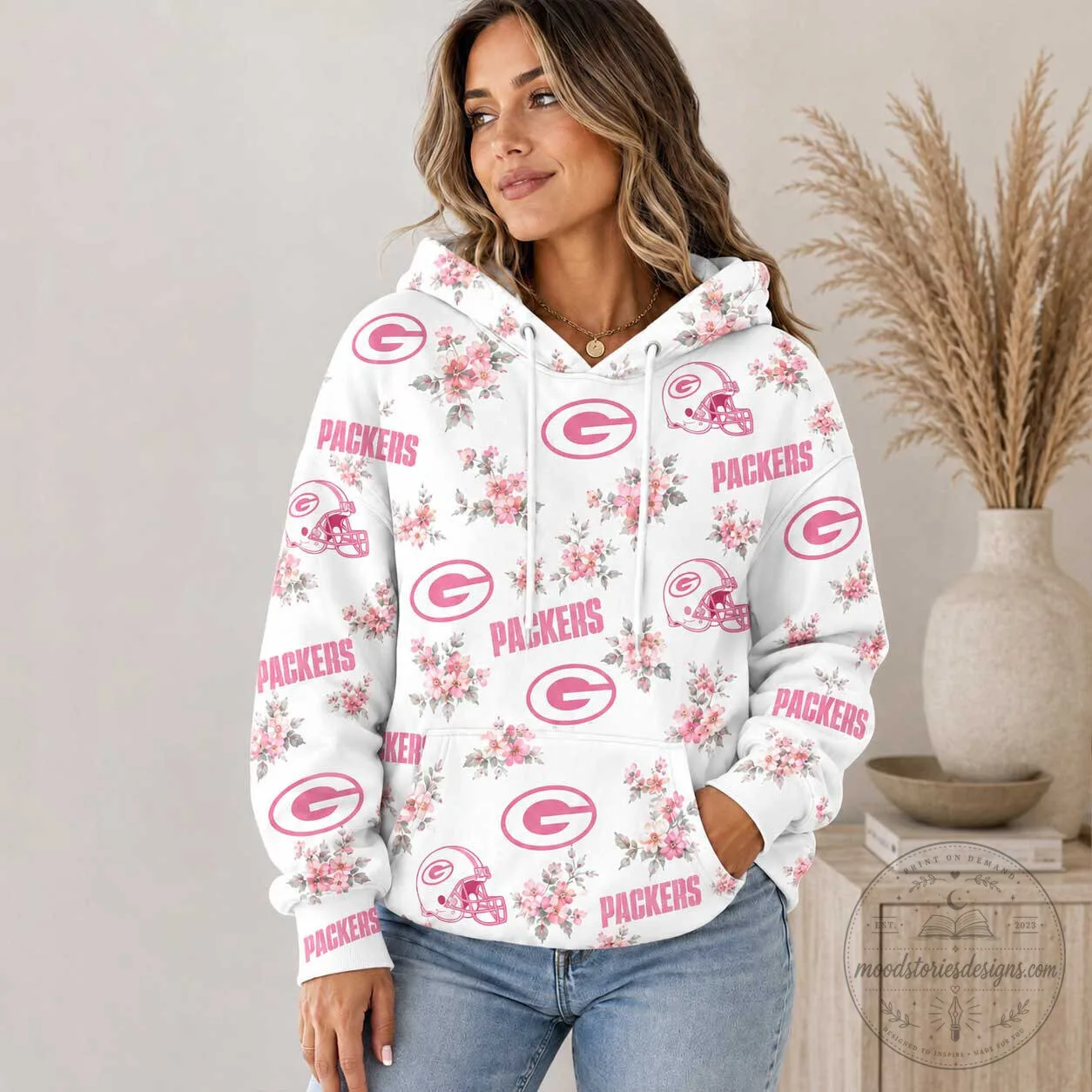 Green Bay Packers Pink Floral Team Pride NFL Football Hoodie for Women