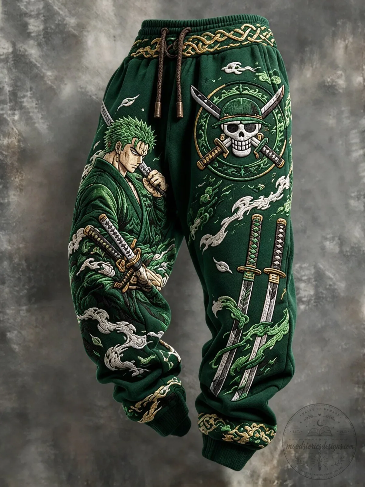 One Piece Roronoa Zoro Embroidered Green Casual Jogger Pants