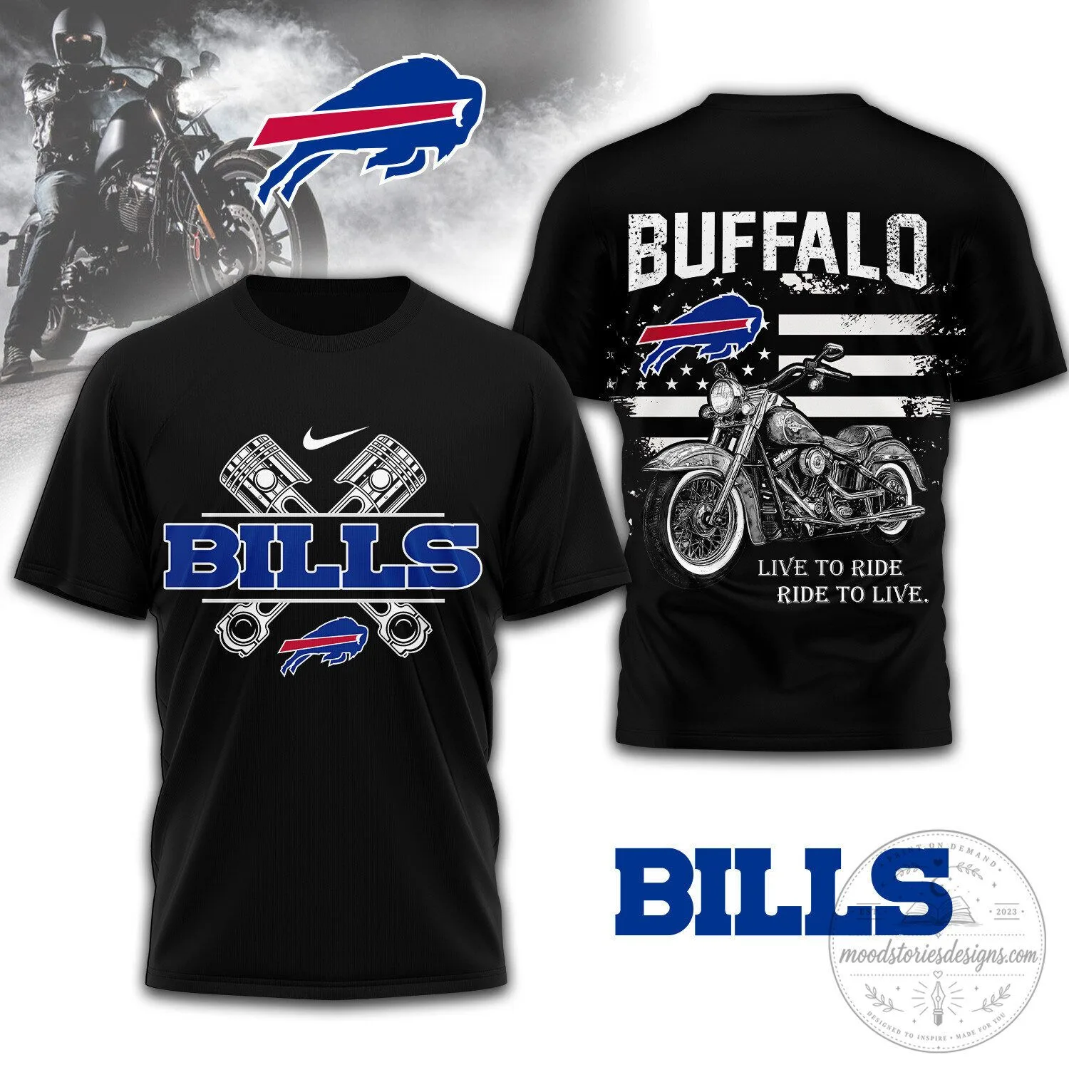 Buffalo Bills Shirt with Motorcycle and Pistons Design, Football Fan Apparel