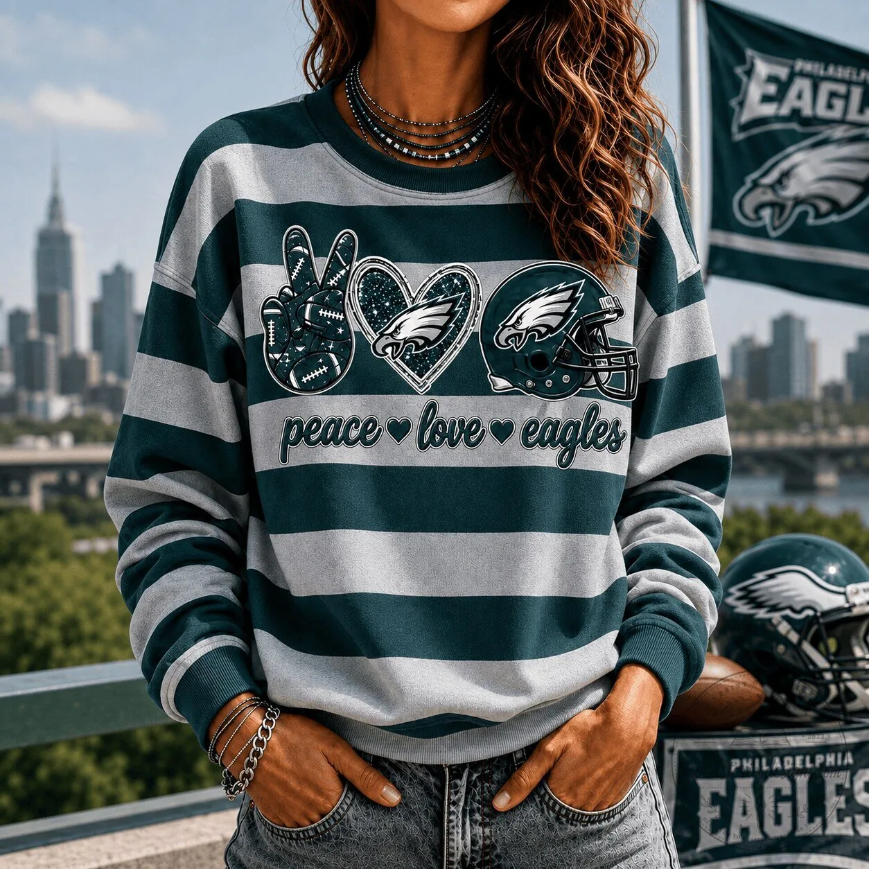 Philadelphia Eagles Fan Peace Love Eagles Striped Crewneck Sweatshirt