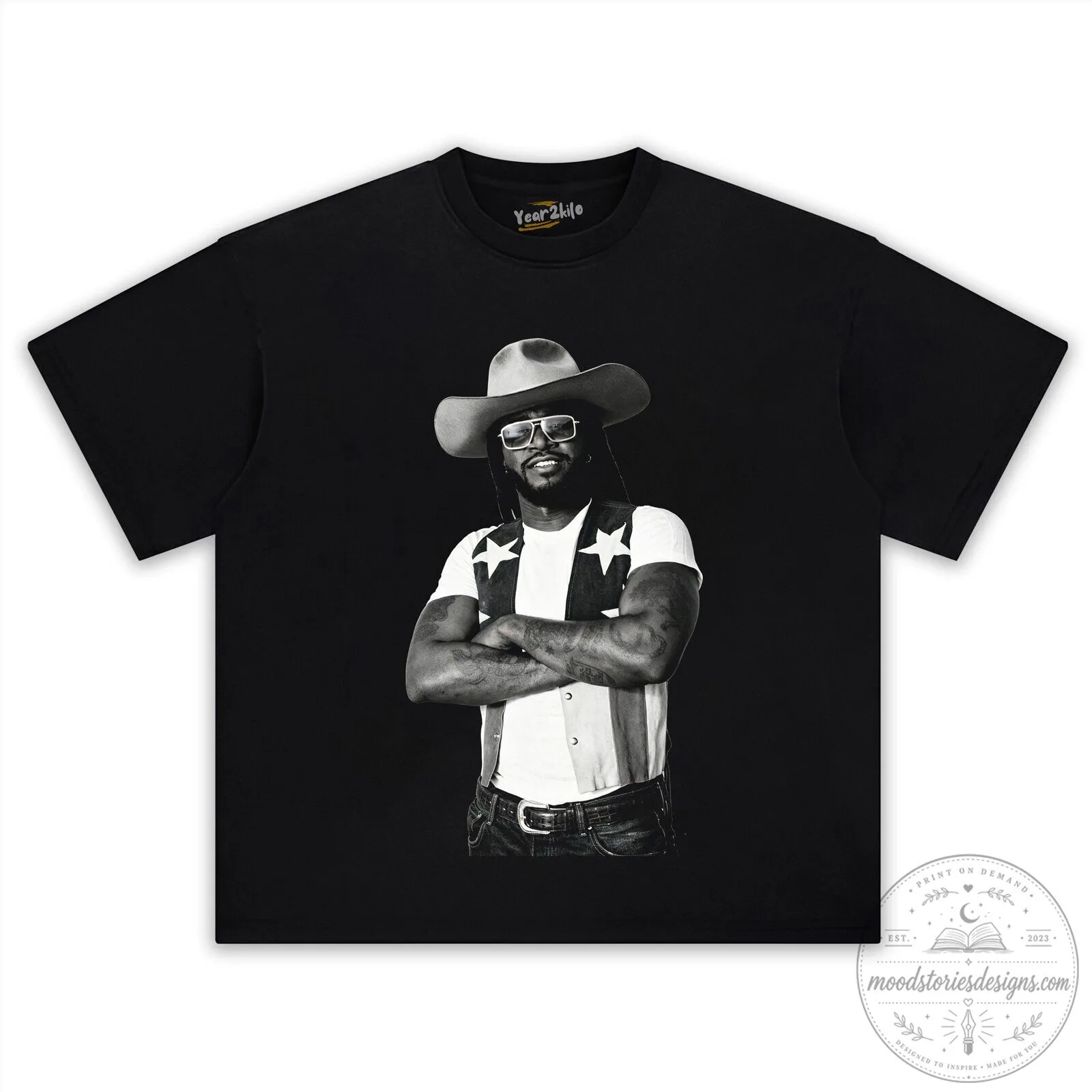 Shaboozey Country Music T-Shirt, Black Cowboy Hat and Vest Graphic Tee