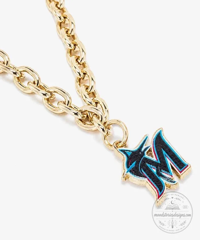 Miami Marlins Baseball Charm Gold Tone Chain with Lobster Clasps 12 Miami Marlins Baseball Charm Gold Tone Chain with Lobster Clasps