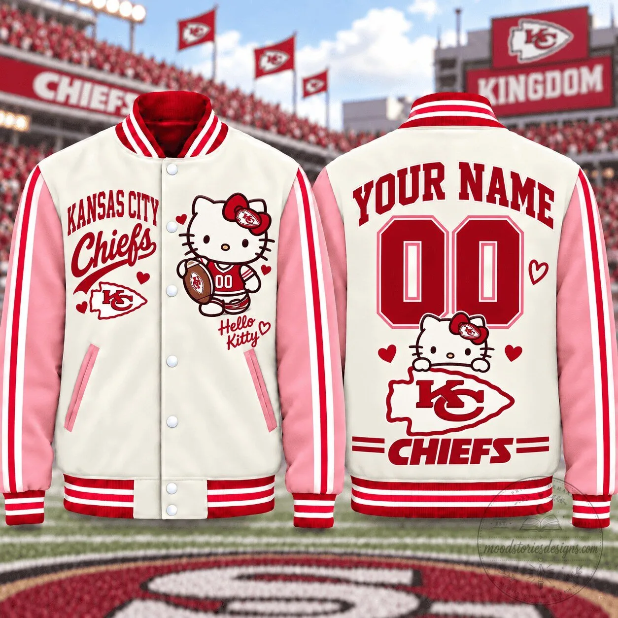 Kansas City Chiefs Hello Kitty Personalized Name and Number Varsity Jacket