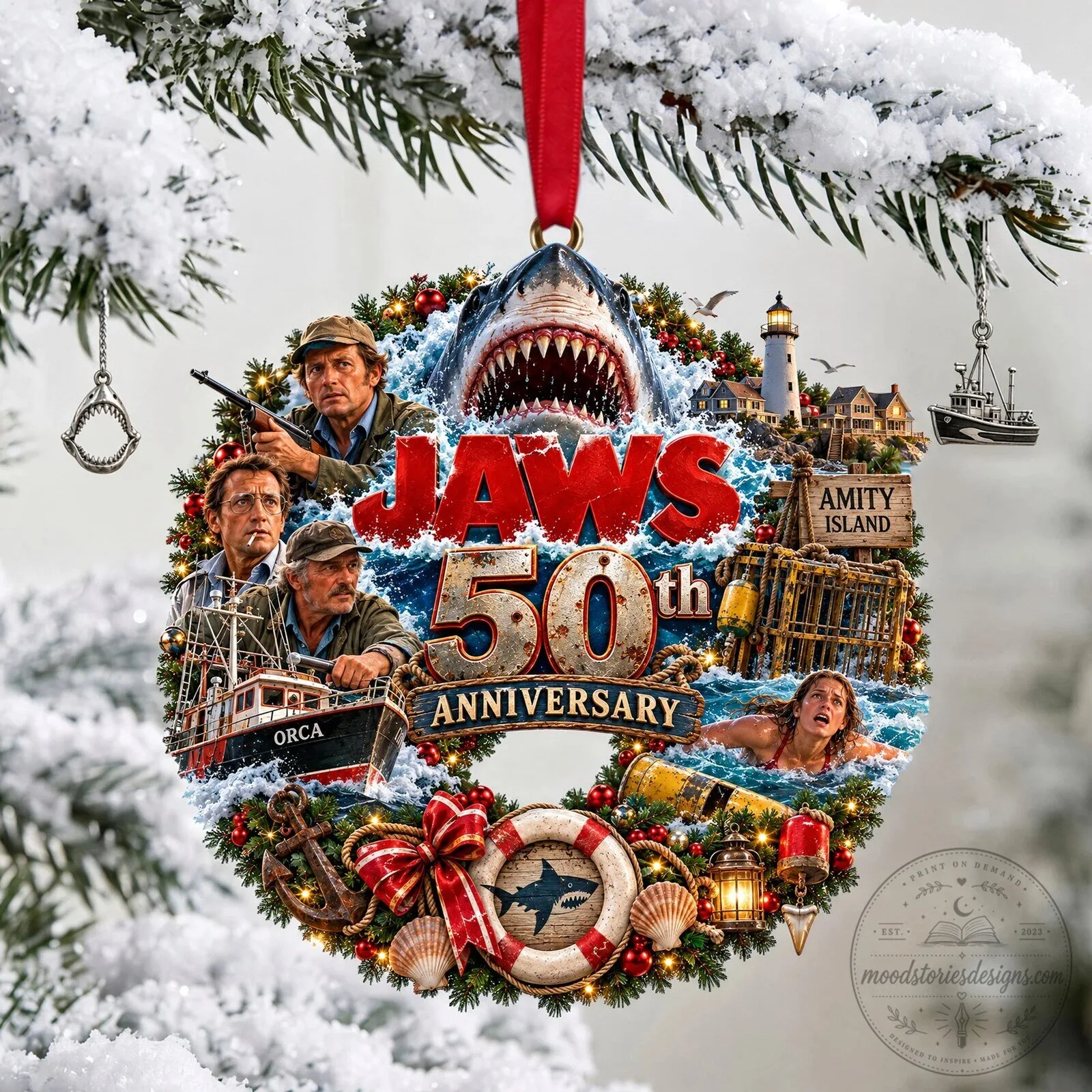 Jaws 50th Anniversary Movie Poster Christmas Tree Ornament