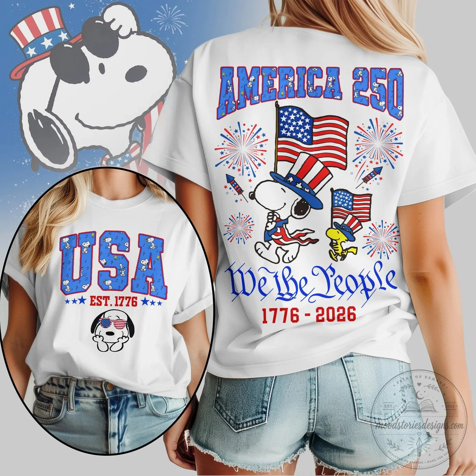 Fourth of July Snoopy Patriotic USA 1776-2026 Fireworks T-Shirt